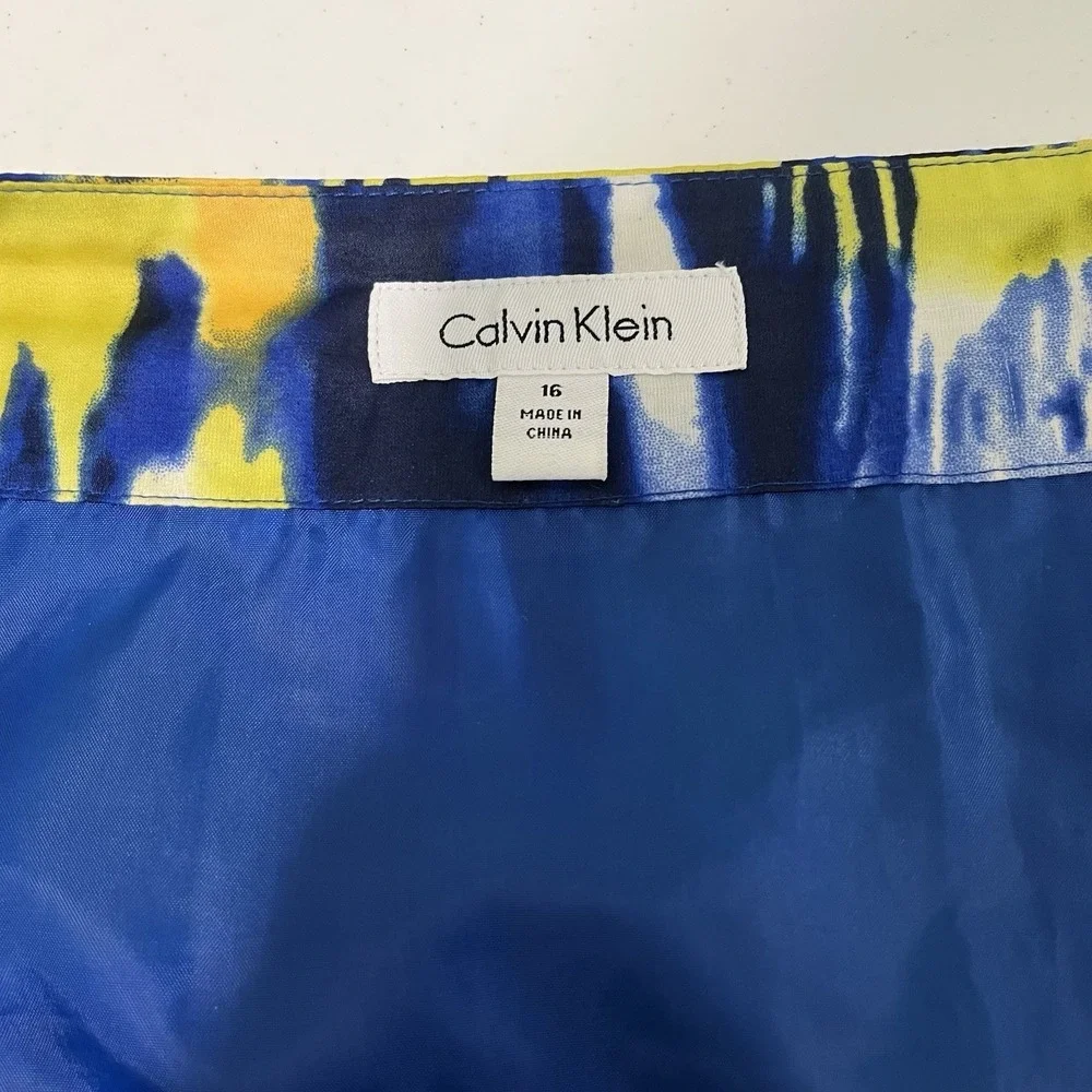 Calvin Klein Tiered A-Line Skirt Women's 16 Blue Yellow Printed Lined Floral